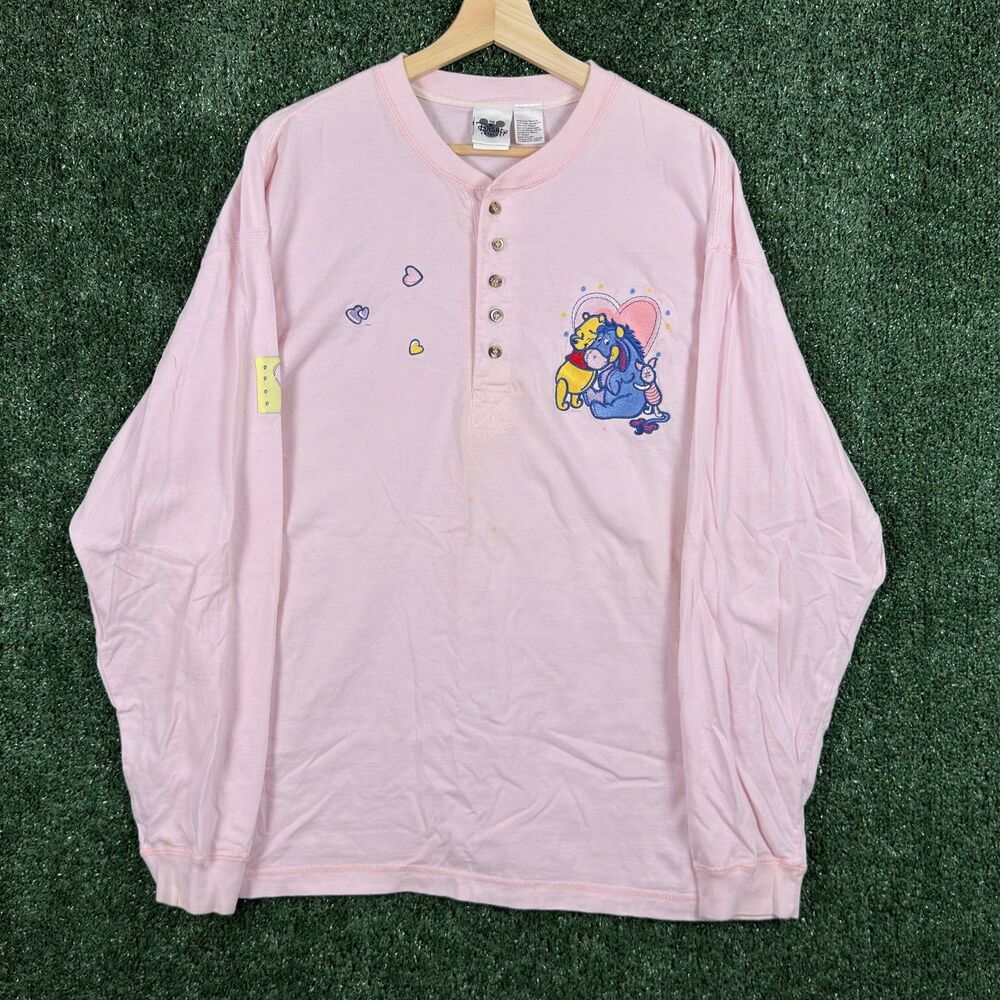 Vintage Disney Winnie The Pooh Eeyore Henley Shirt Women's M Pink Embroidered